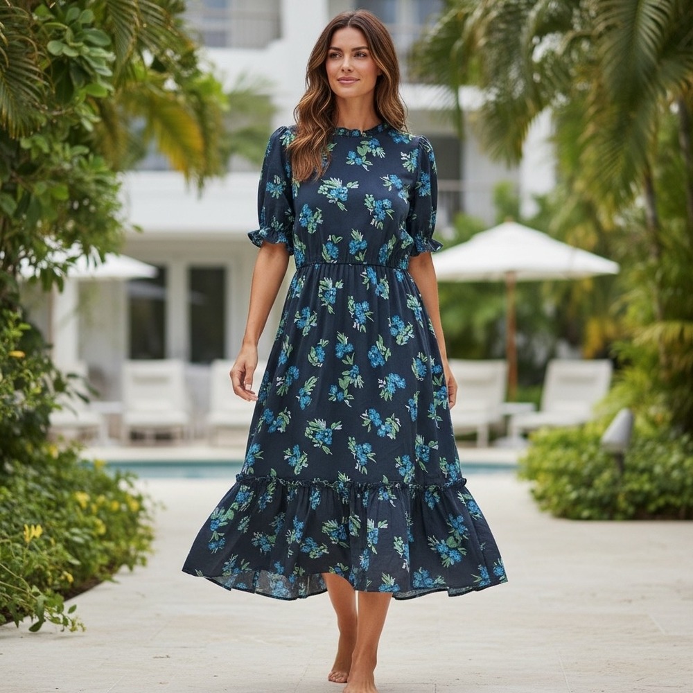 Loft Outlet Floral Midi Dress Blue Green Ruffle Neck Puff Sleeve Large NEW